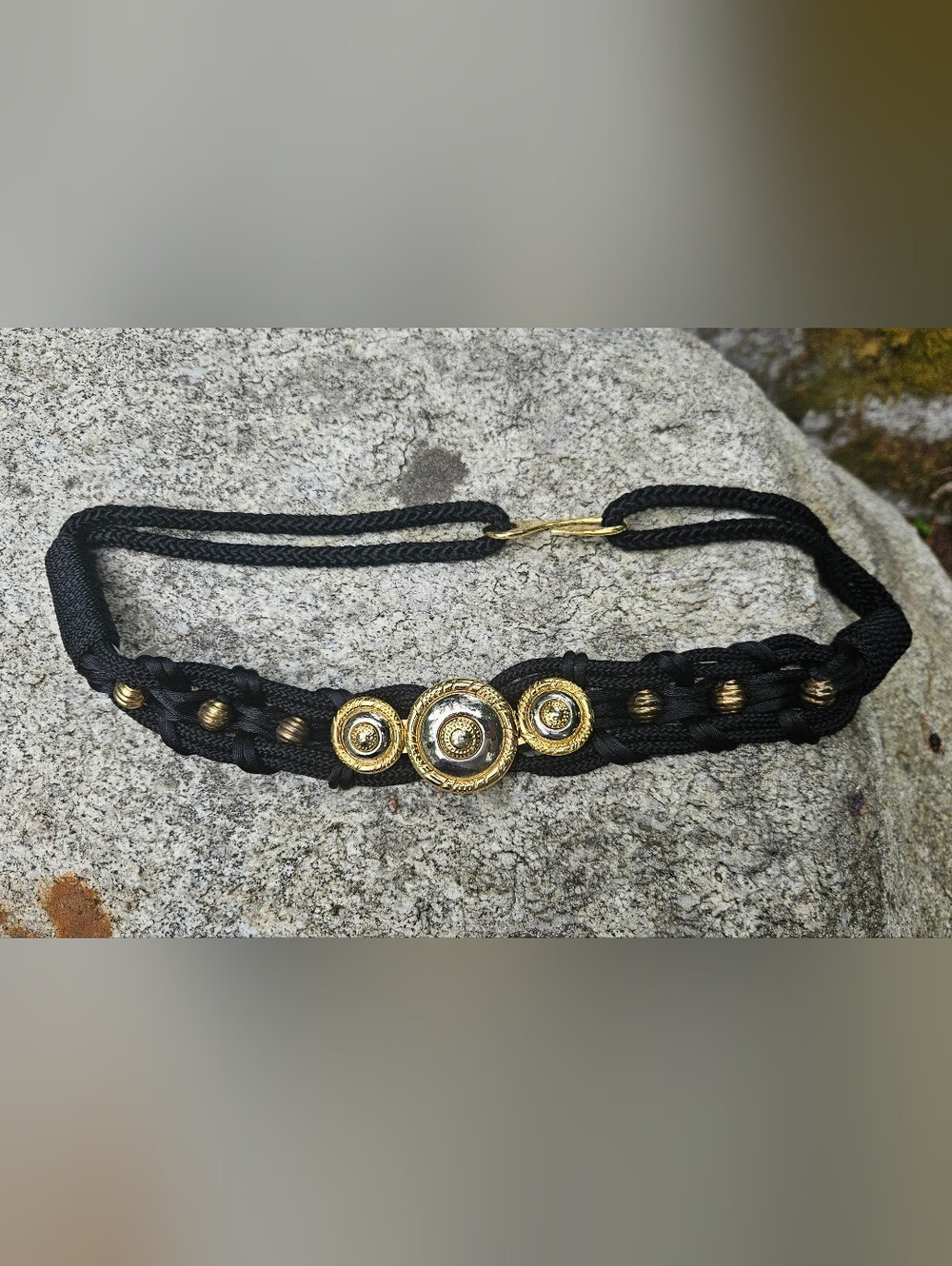 Milor Black Braided Rope Belt with Gold Medallions